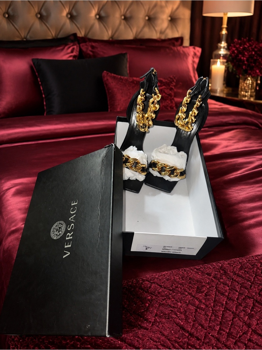 Versace Black Leather High-Heel Sandals with Gold Chain Trim